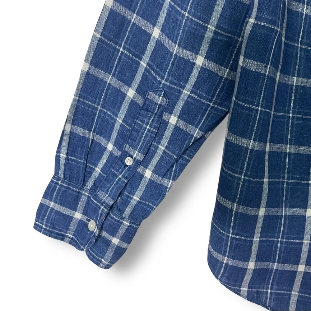 J Crew Mens Shirt Sz L Linen Button Up Plaid Blue Coastal Western Lightweight